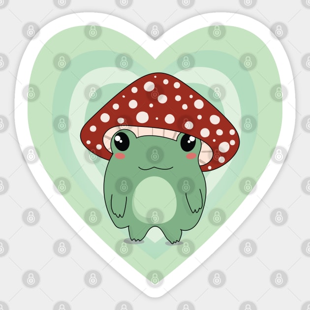 Mushroom Hat Kawaii Frog on Light Green Hearts Sticker by YourGoods